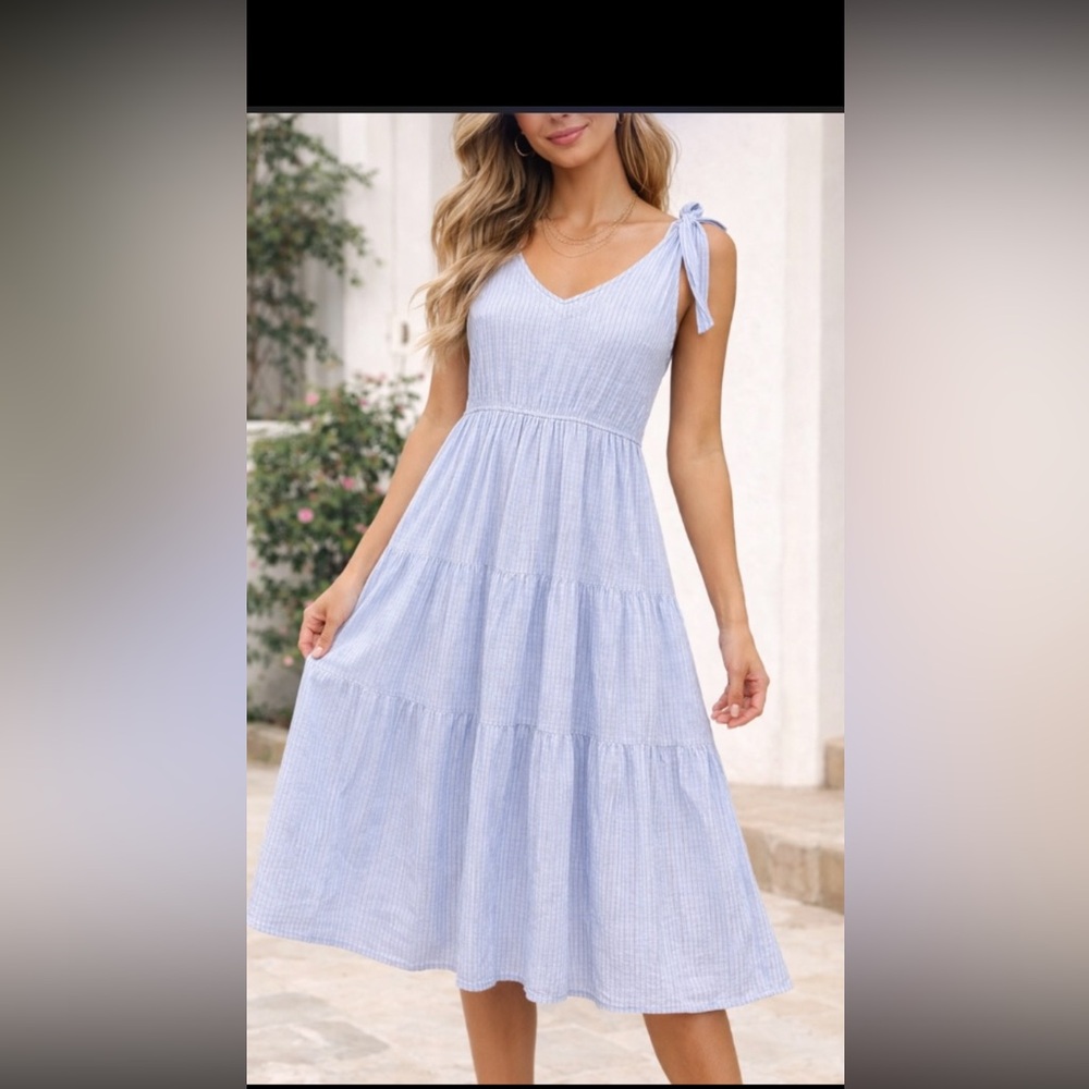Altar'd State Light Blue Tie-Shoulder V-Neck Tiered Midi Dress